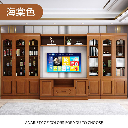 TV background cabinet with bookcase combination cabinet solid wood 2.4m3 3.8m large living room floor-standing video wall large capacity