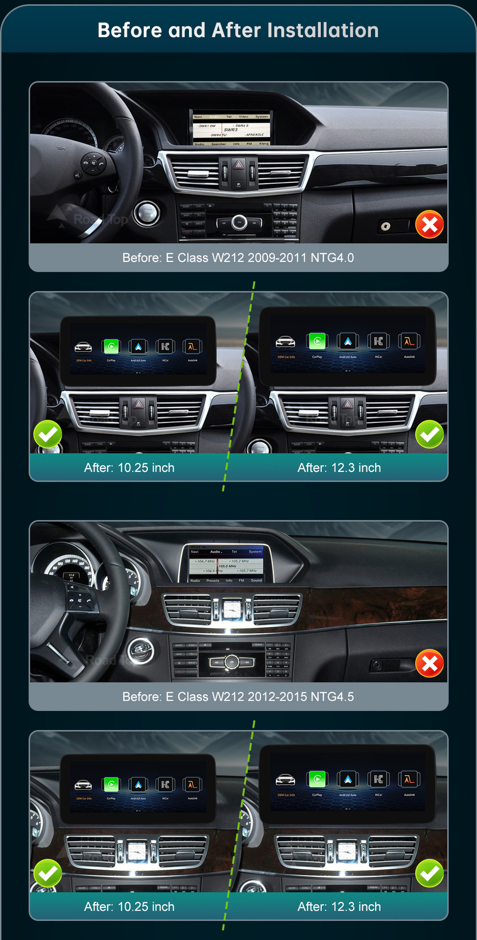 RoadTop wireless CarPlay screen for Mercedes-Benz E-Class NTG4.0/4.5/5.0 display
