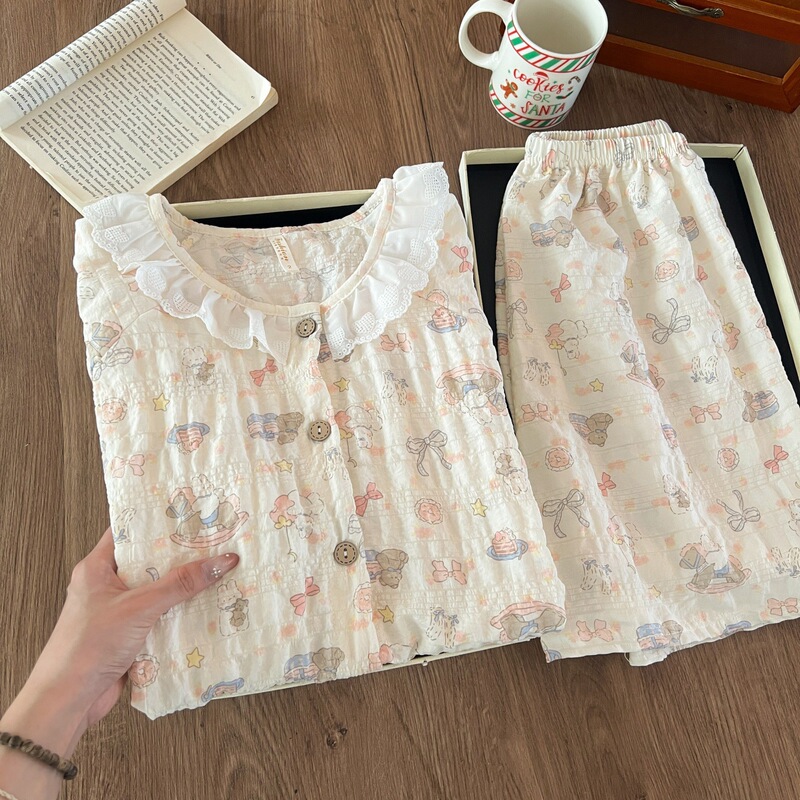 Japanese-Style Cloud Cotton Thin Cute Carousel Pajamas for Women, New Summer Round-Neck Lace-Trimmed Short-Sleeve Loungewear
