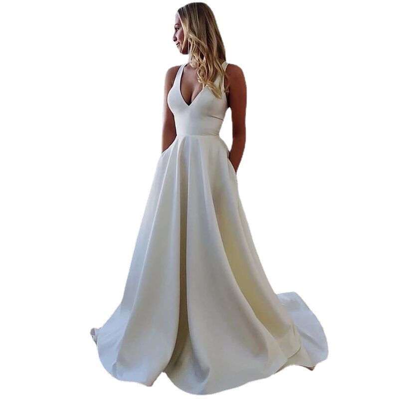 Vestido de Novia con Escote en V, Estilo Europeo y Americano, Nuevo en Amazon y AliExpress, Vestido de Novia Sexy con Espalda Descubierta y Lazo, Estilo Largo image 3