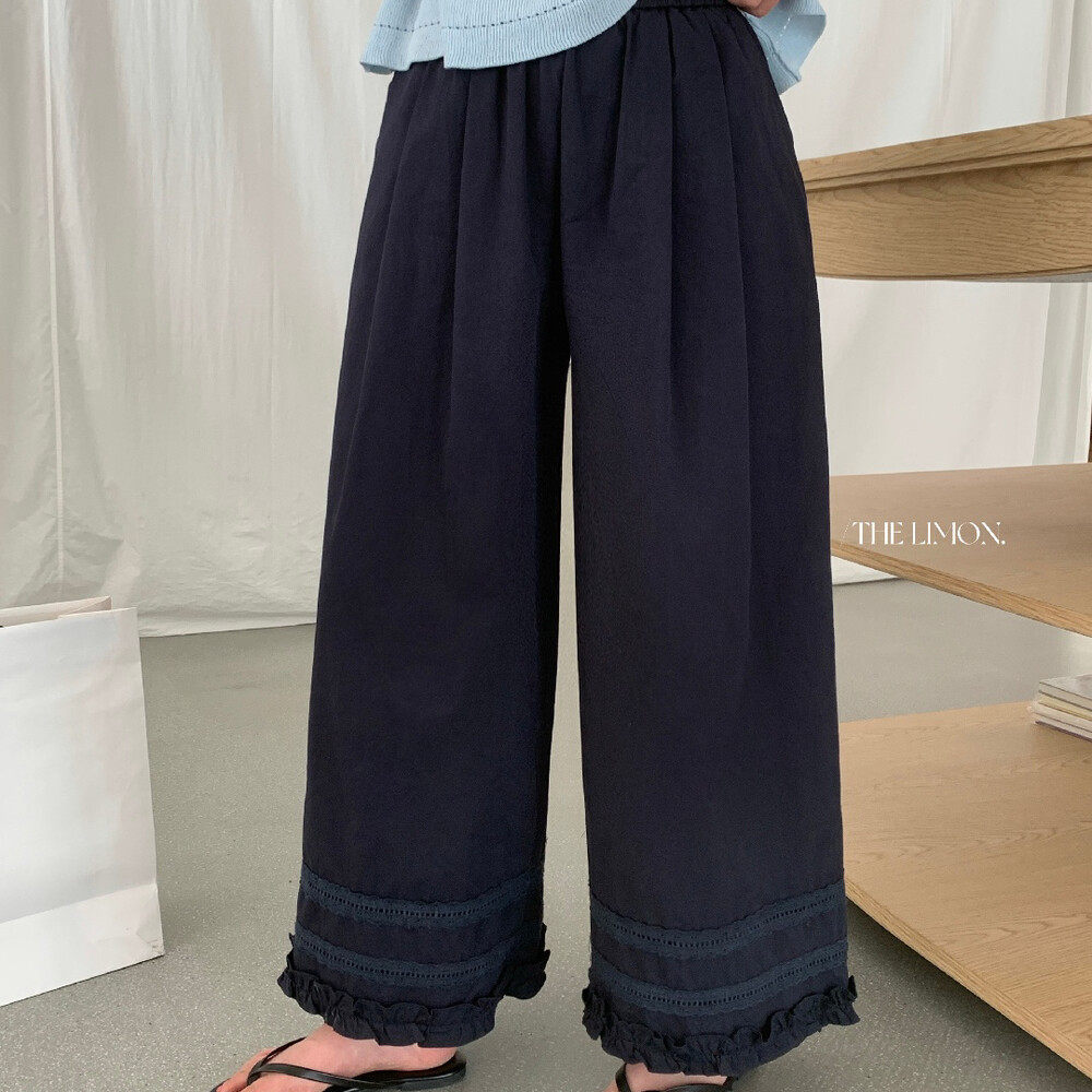 Quần culottes nữ ống rộng cạp cao chun, thiết kế viền ren bèo nhún, dáng suông 9 phân, phù hợp mùa xuân hè — màu đen, Xanh đen, Xanh da trờicolor, màu trắng