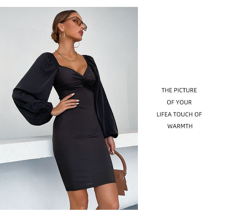 Black Lantern Sleeved V-Neck Tight Dress NSDMB104556