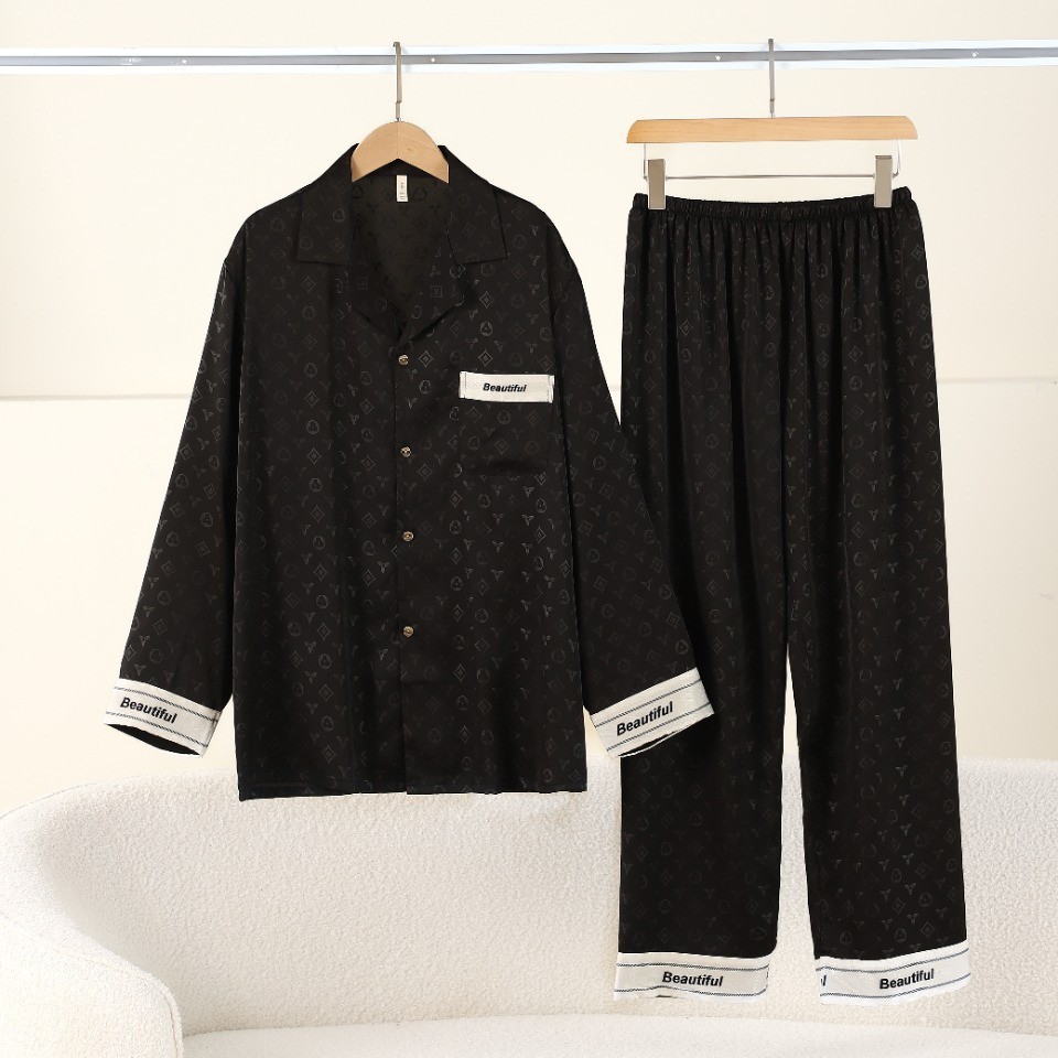 新しい黒いカップルのパジャマの女性春秋氷糸長袖はシルクの夏の家の服の大きいブランドの男性のスーツをシミュレーションします。