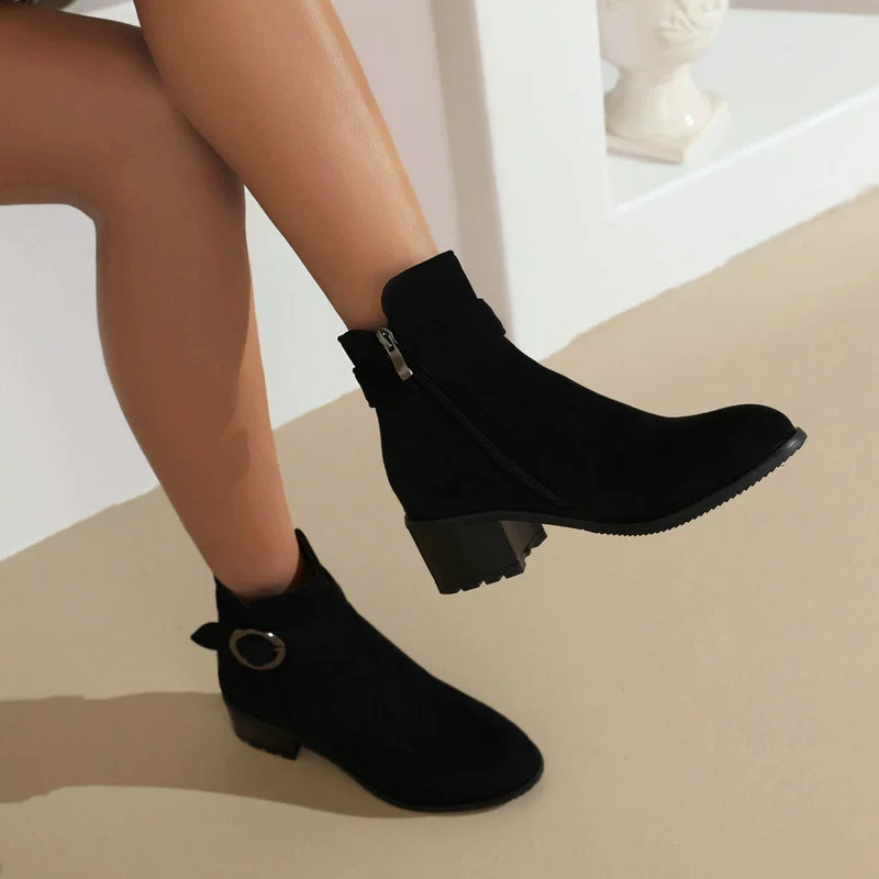 Ботинки Martens на низком каблуке, бархатный верх, пряжка и молния, демисезонные