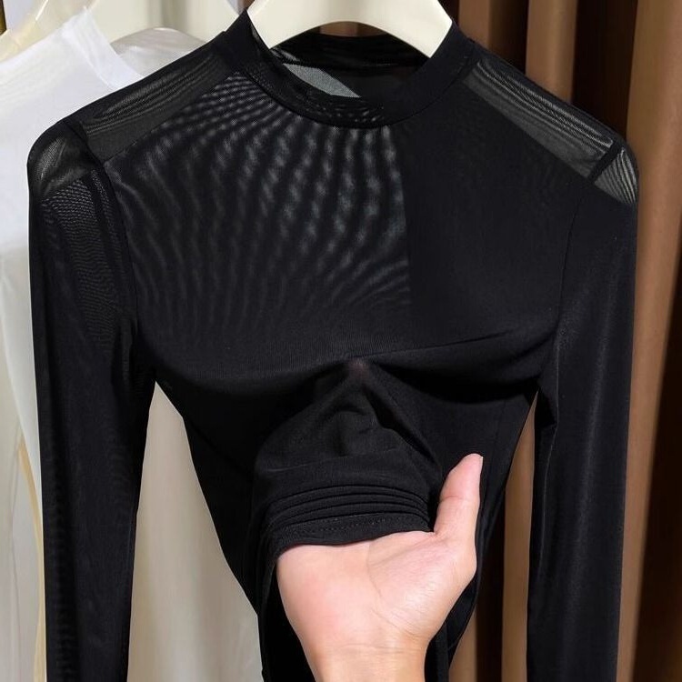 Mesh Bottoming Shirt for Women Summer Apricot Transparent Gauze Slimming Half Turtleneck Long-Sleeved Lace Top Thin Mesh Bottoming Shirt for Women Summer Apricot Transparent Gauze Slimming Half Turtleneck Long-Sleeved Lace Top Thin