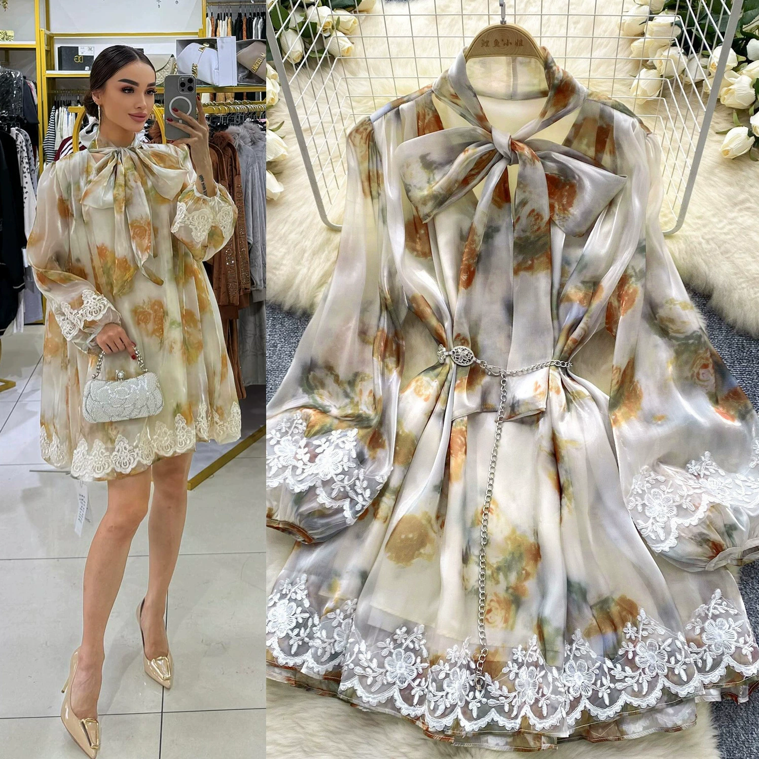 Весеннее европейское и американское платье с вырезом с бантом с рукавами фонаря кружевное сшивание яркое лицо шифоновая юбка юбка