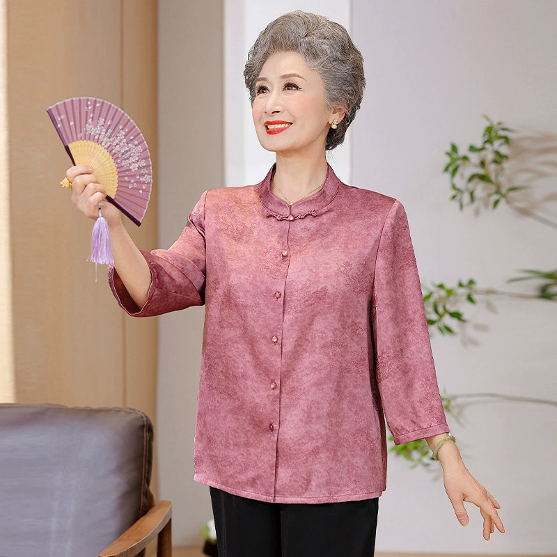 Костюмная рубашка бабушки Тан для женщин среднего и пожилого возраста, летний воротник-стойка для мамы, шелковый топ-кардиган для женщин 70-80 лет.