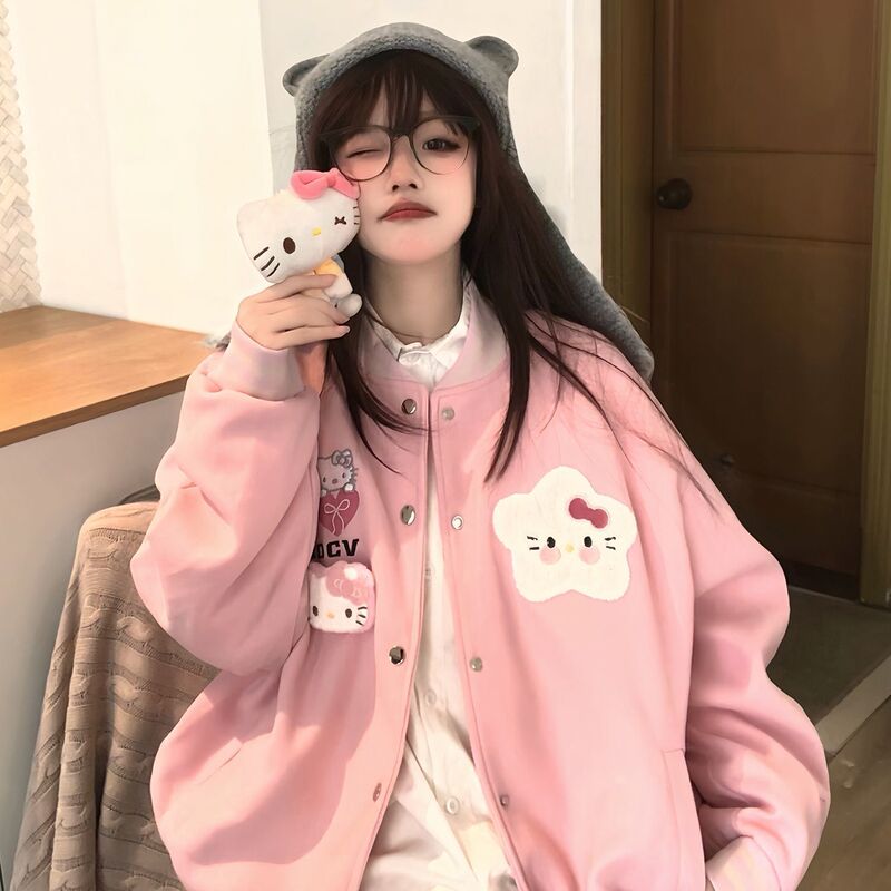 Sweet and Cute Kitty Cat Embroidered Stand-Up Collar Cardigan Jacket for Women, Spring and Autumn Loose Casual Versatile Jacket Baseball Uniform Sweet and Cute Kitty Cat Embroidered Stand-Up Collar Cardigan Jacket for Women, Spring and Autumn Loose Casual Versatile Jacket Baseball Uniform