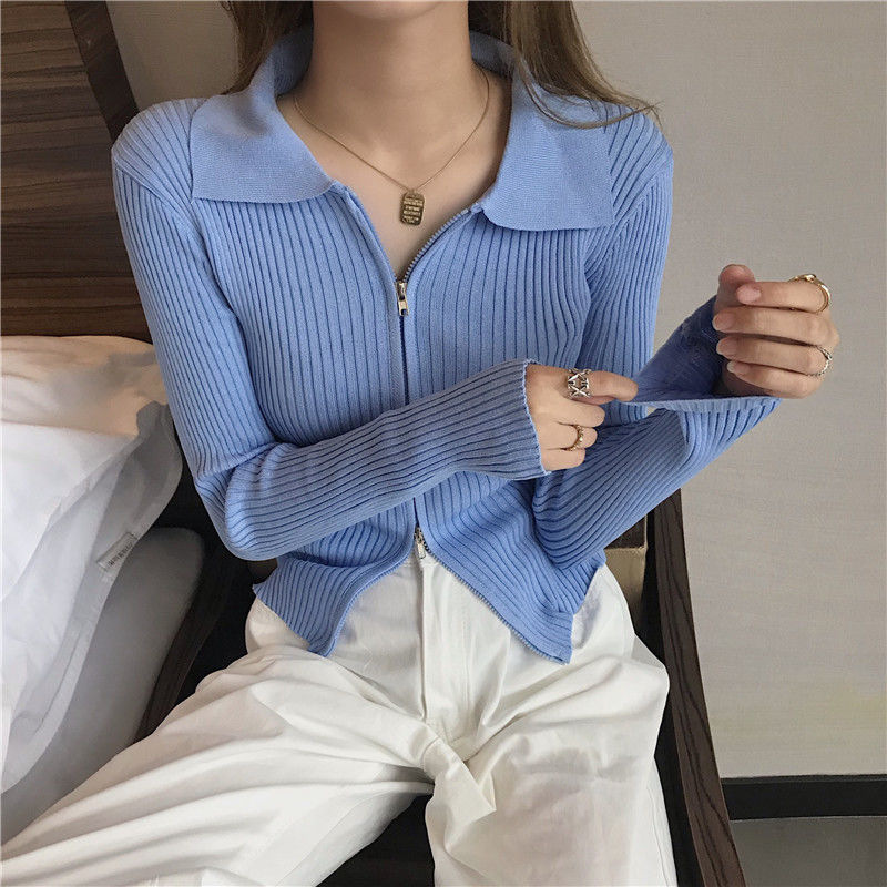 Women's knitted top new spring hot girl slim-fit short long sleeve design zipper sweater cardigan base