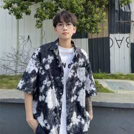 短袖花衬衫男夏季小众设计感美式潮牌痞帅五分袖衬衣宽松休闲外套