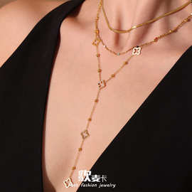 欧麦卡超闪锆石四叶花钢珠流苏双层锁骨项链时尚轻奢不锈钢18K金