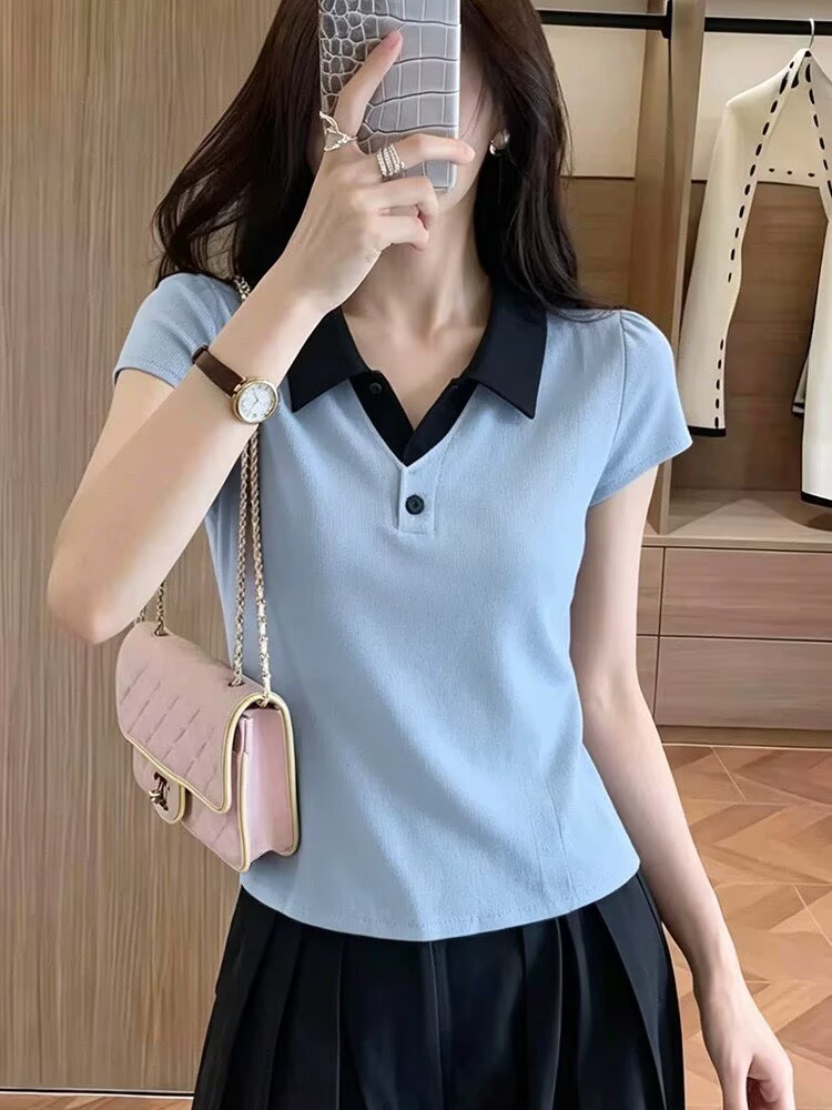 Áo polo nữ tay ngắn cổ lật phối màu phong cách Hàn Quốc — xanh lam