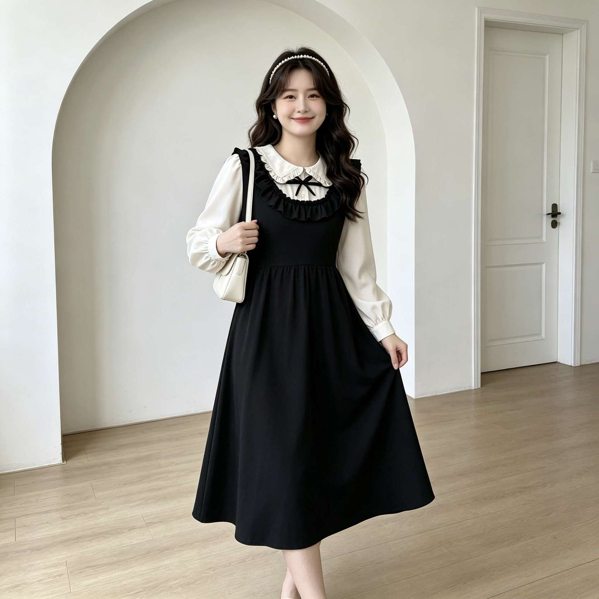 Plus-size women's French-style new dress with a fitted waist, slimming effect, and elegant patchwork design, creating a faux two-piece look. 1337