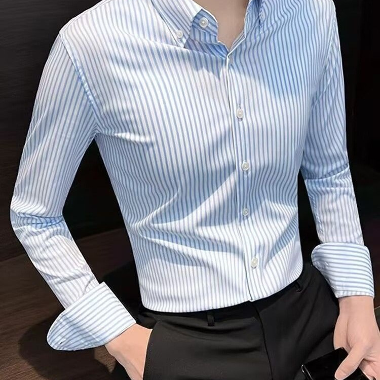 Korean Style Long-Sleeved Men's Shirt with Stripes, New Trendy Business Style, Cool Design, No-Iron, Anti-Wrinkle, Casual Shirt Korean Style Long-Sleeved Men's Shirt with Stripes, New Trendy Business Style, Cool Design, No-Iron, Anti-Wrinkle, Casual Shirt