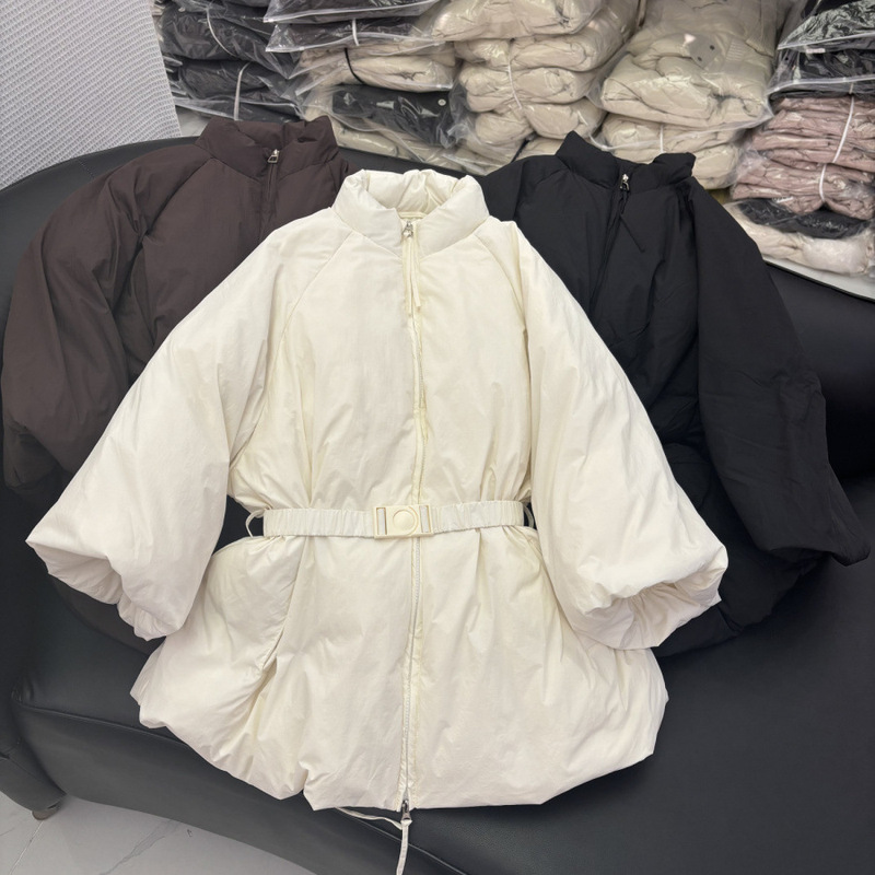 2025 Autumn/Winter Fashion Korean Style Versatile Slimming Belted Lantern Sleeve down Jacket Women's Designer Stand Collar Coat Trend