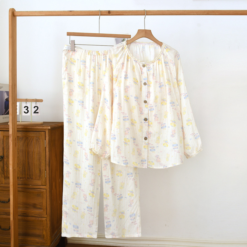 Bamboo Cotton Gauze Maternity Pajamas with Chest Pads, Thin Spring and Summer Style, Postpartum Nursing Sleepwear, Loose-Fitting Home Wear Set