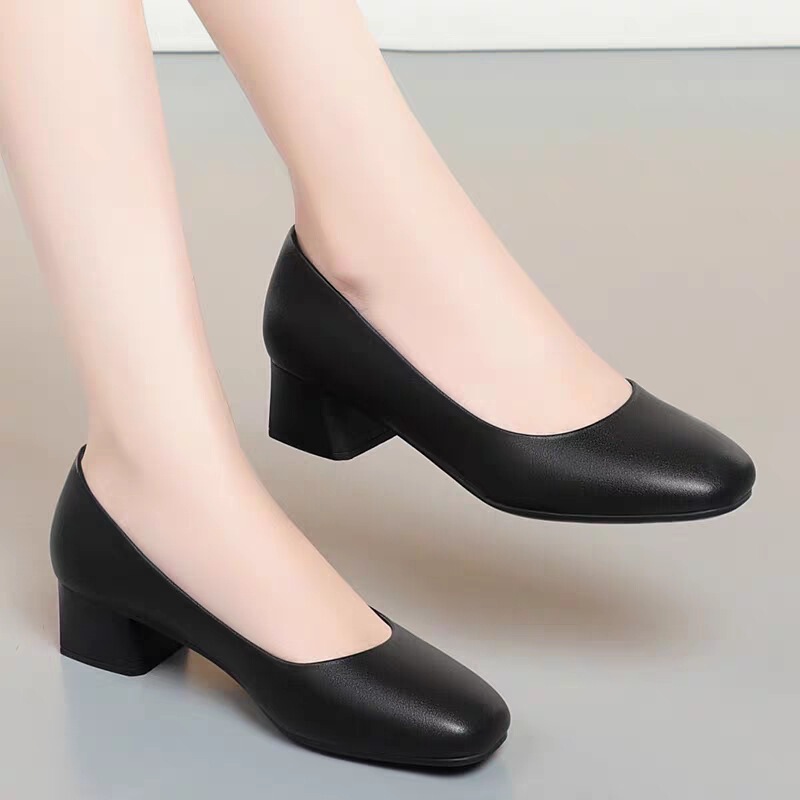 Black Professional Commuter Soft Leather Thick Heel Square Head Stewardess Work Shoes Business Women's Leather Shoes Single Shoes Women's Shoes