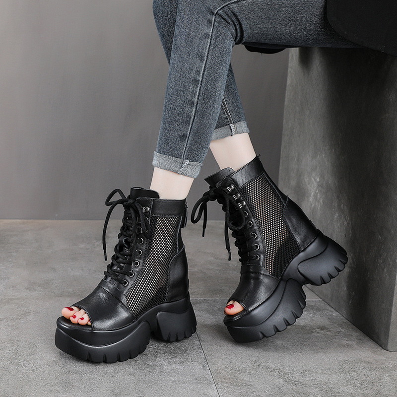 Sandal da bò cao gót 9 cm quai buộc dây hở mũi — màu đen