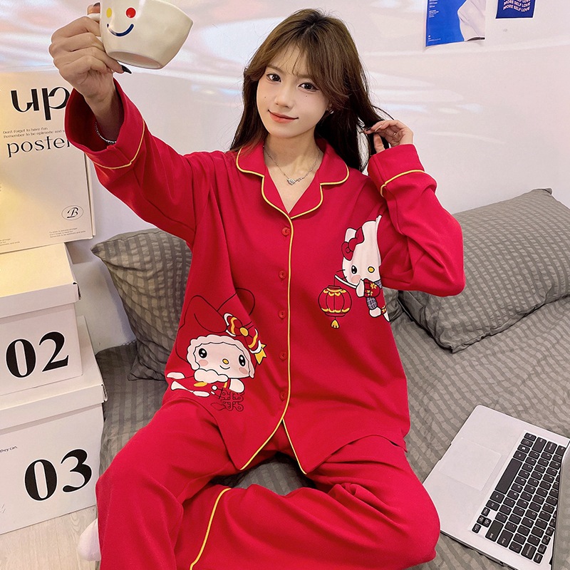 (2개) 2024 봄과 가을 새로운 순면 잠옷 여성의 붉은 생애 안녕하세요 키티 카디건 긴 소매 달콤한 홈 의류 세트