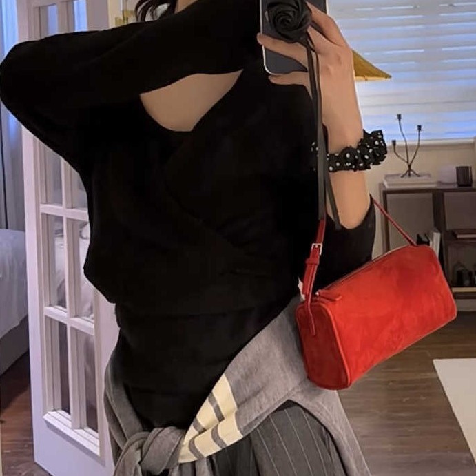 row复古90s麂皮绒笔筒包夏季跨境真皮单肩包the斜挎手提包包女 - Thumbnail 3