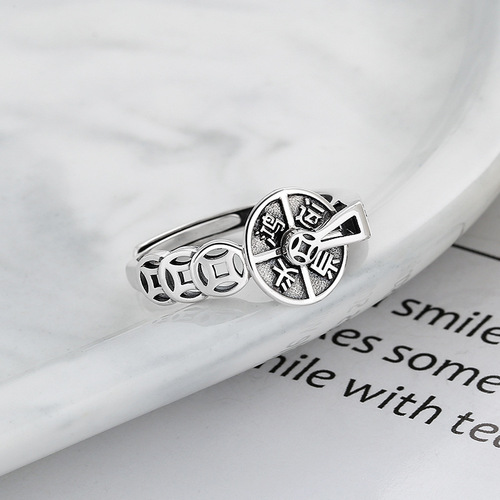 Yunchaoxuan S925 sterling silver retro distressed coin ring with lucky head turning compass open ring