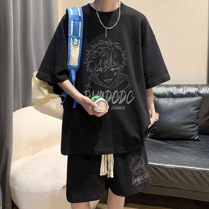 半袖スーツ男性夏insファッション学生レジャースポーツは半袖パンツの薄い男性服を着ている|undefined