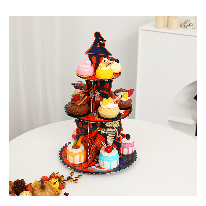 ​Festive 3-Tier Paper Cake Stand – Halloween & Christmas Themed Dessert Display For Parties, Home Decor_voghion.com