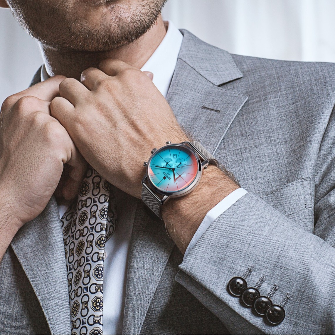 Reward Cross-Border Men's Watch Multi-Functional Sports Quartz Watch Stainless Steel Mesh Strap Men's Watch Color-Changing Glass