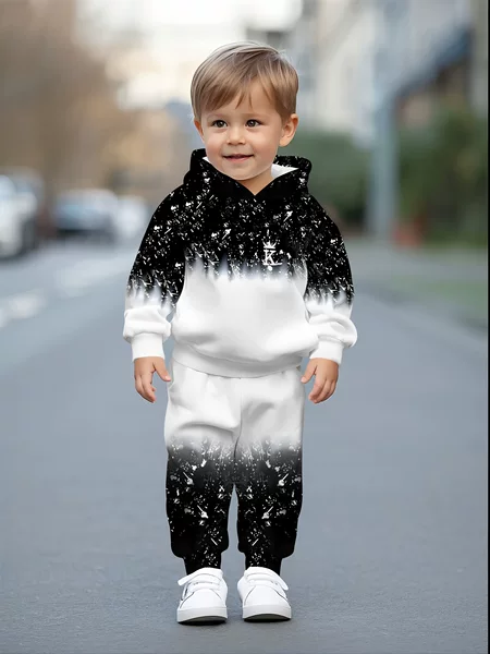 Baby Boys and Girls Hooded Sweatshirt Set, Fashion Trend Gradient Starry Sky Pattern Printing Design, Spring and Autumn