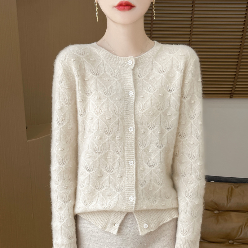 French Hollow-out Crochet Knitted Cardigan Women's Short Coat Crewneck Sweater High-end Western Style Outer Layered Top New