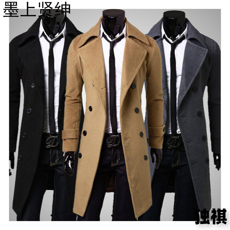 【M-4XL】跨境秋冬长款双排扣风衣男毛呢外套修身大码呢大衣外贸