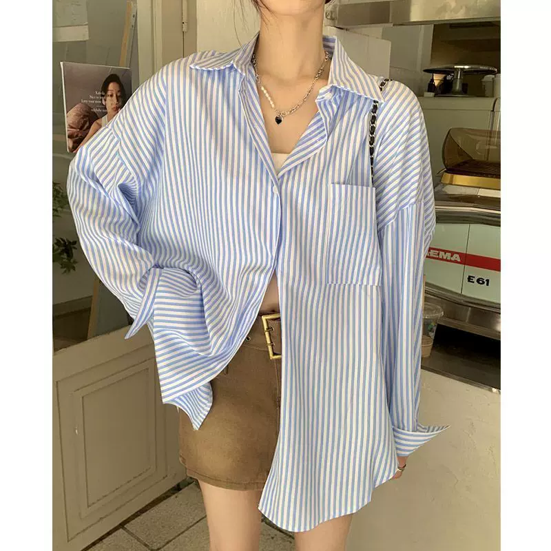 绿色长袖条纹衬衫女春夏2025年新款开衫防晒衬衣外套宽松bf上衣服