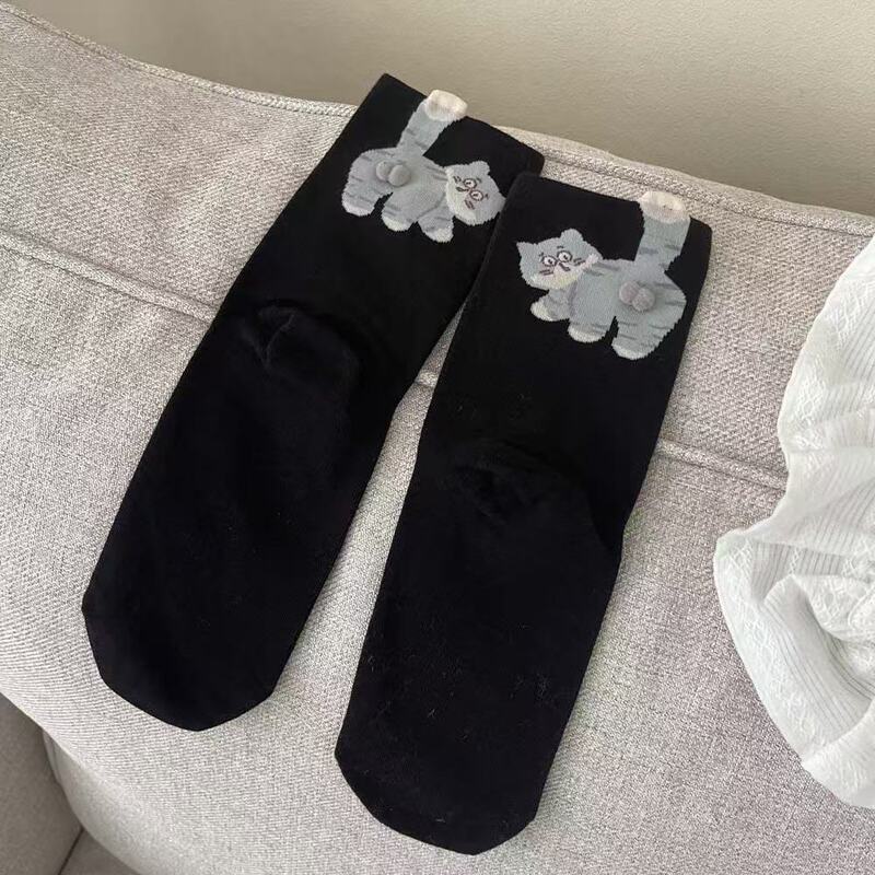 现货小红书白色卡通猫咪叮叮当蛋蛋袜子女夏季ins可爱搞怪中筒袜|undefined