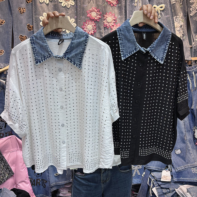 European Export Heavy-Duty Denim Shirt with Rhinestone Collar, Short-Sleeve Women's Summer Loose-Fitting Versatile Stylish Top