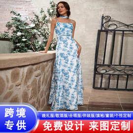 2026新款吊带碎花洋裙修身抹胸成人礼服开衩复古连衣裙外贸晚礼服