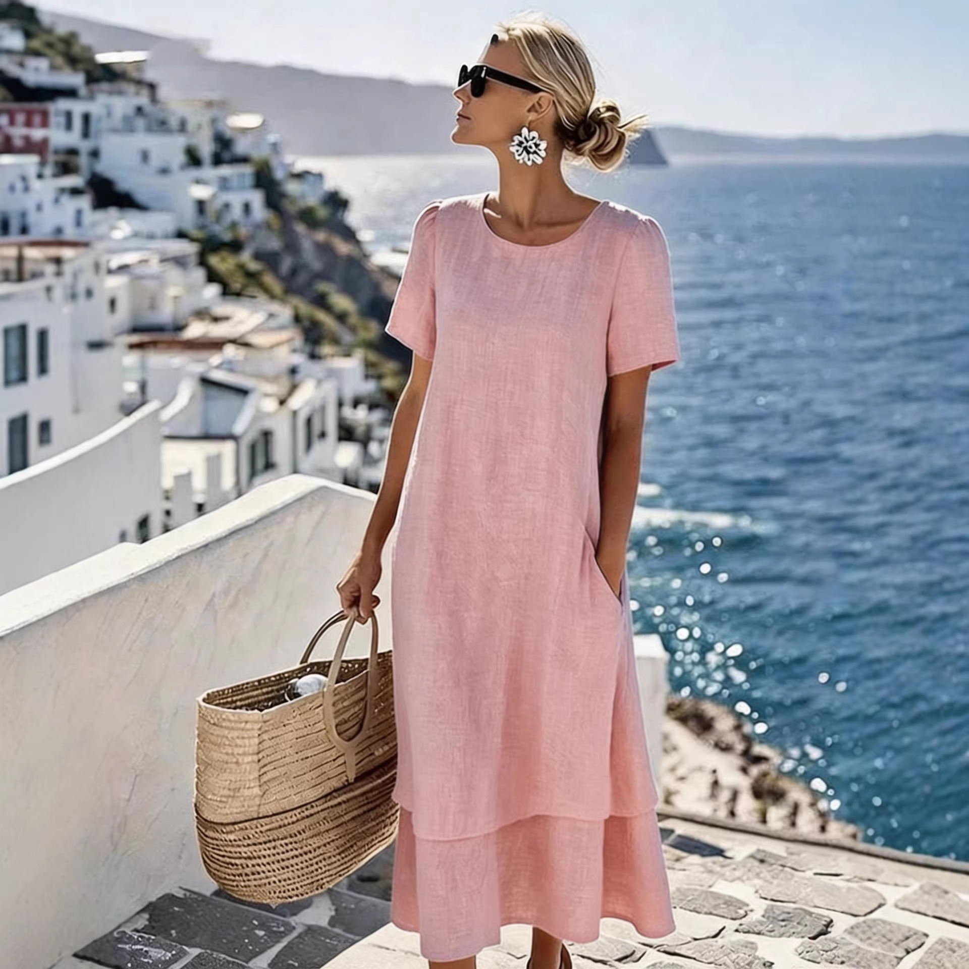 Women's Two-Layer Round Neck Short Sleeve Casual Dress For Spring Summer Vacation Daily Wear Versatile Round Neck & Short Sleeves_ecoleips.com