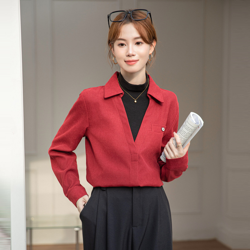 红色叠穿假两件半高领上衣女秋季冬通勤职业内搭衬衣打底磨毛衬衫