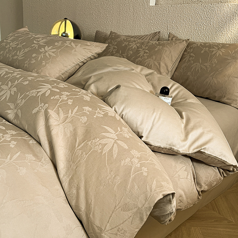 Ensemble de literie de luxe 4 pièces en pur coton satiné jacquard 100 % avec drap-housse et parure de lit 3 pièces_voghion.com