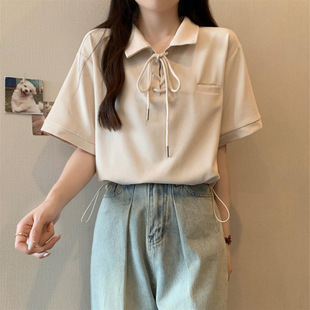 Lace-Up Polo Collar Short-Sleeved T-Shirt for Women Summer Plus Size Slightly Fat mm 100kg Belly-Covering 300Ins Short Top
