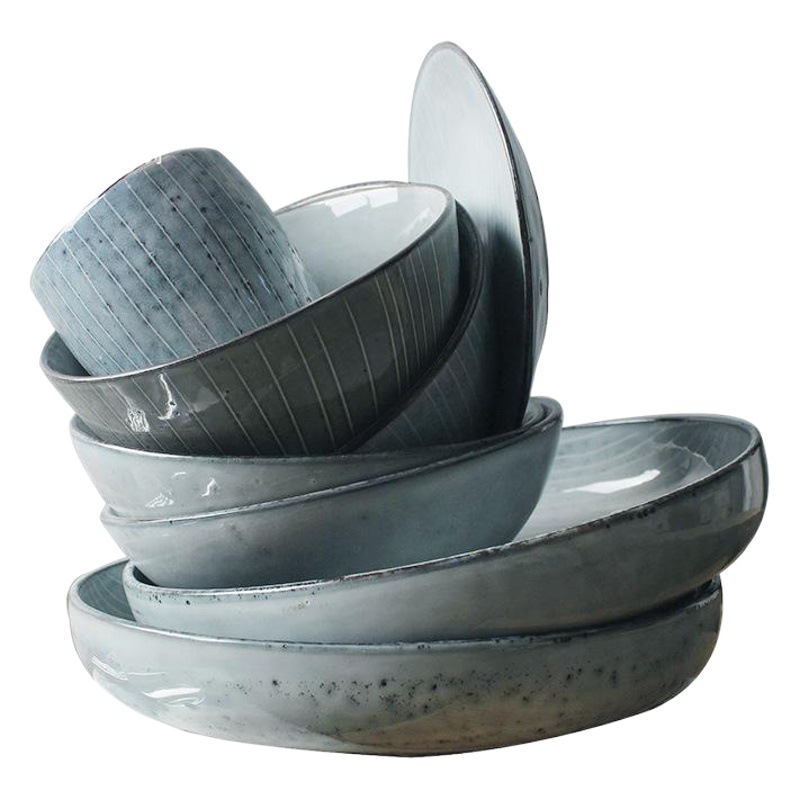 Creativo de forma especial a rayas de cerámica personalizada vajilla hotel restaurante cafetería ensalada de frutas plato fabricante