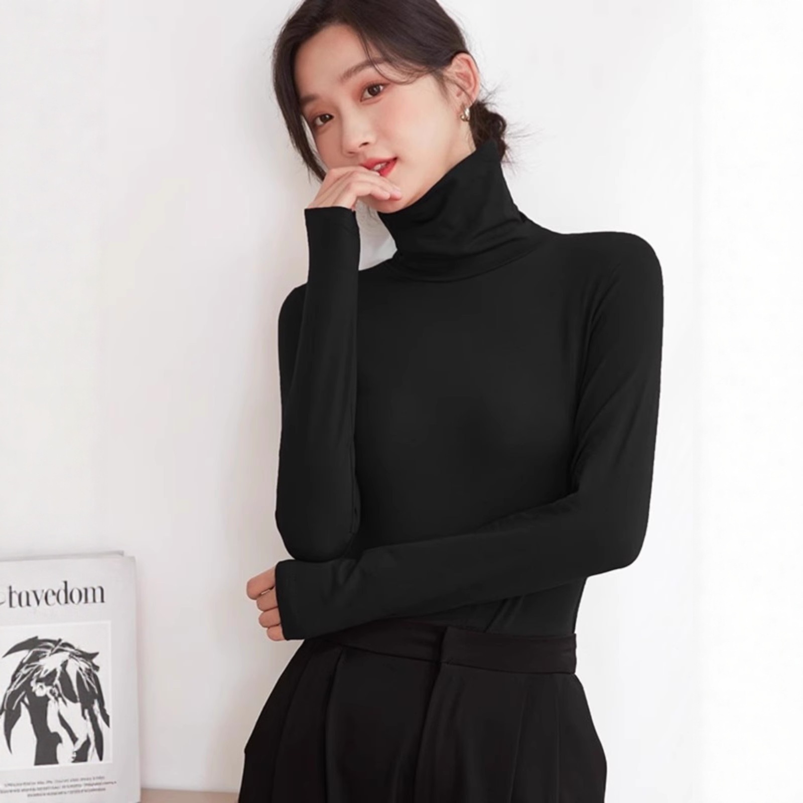 Autumn and Winter New Style Lazy Style Pile Collar Black Long-Sleeved High-Elastic Bottoming Shirt for Women with Classy Slim T-Shirt Top