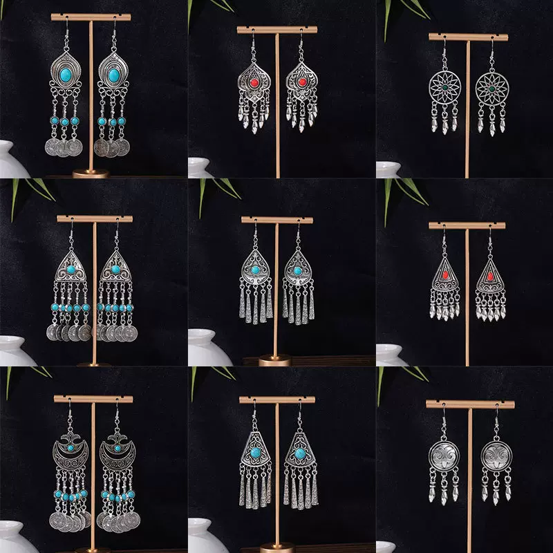 波西米亚仿松石耳环复古民族风古典端庄耳钩百搭镂空时尚流苏耳坠