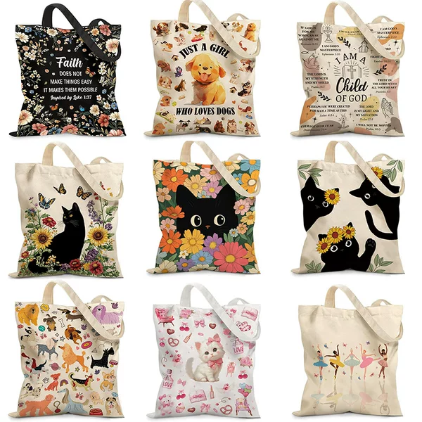 Canvas Bag Customized with Cute Cat Tote Bag for Female Students, Large Capacity Commuter Tote Canvas Shoulder Bag