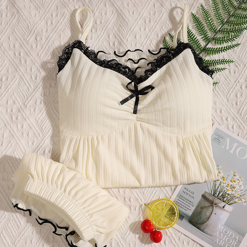 Lace Sweet Padded Suspender Pajamas for Women Summer Cotton Shorts Sleeveless Two-Piece Set Thin Summer