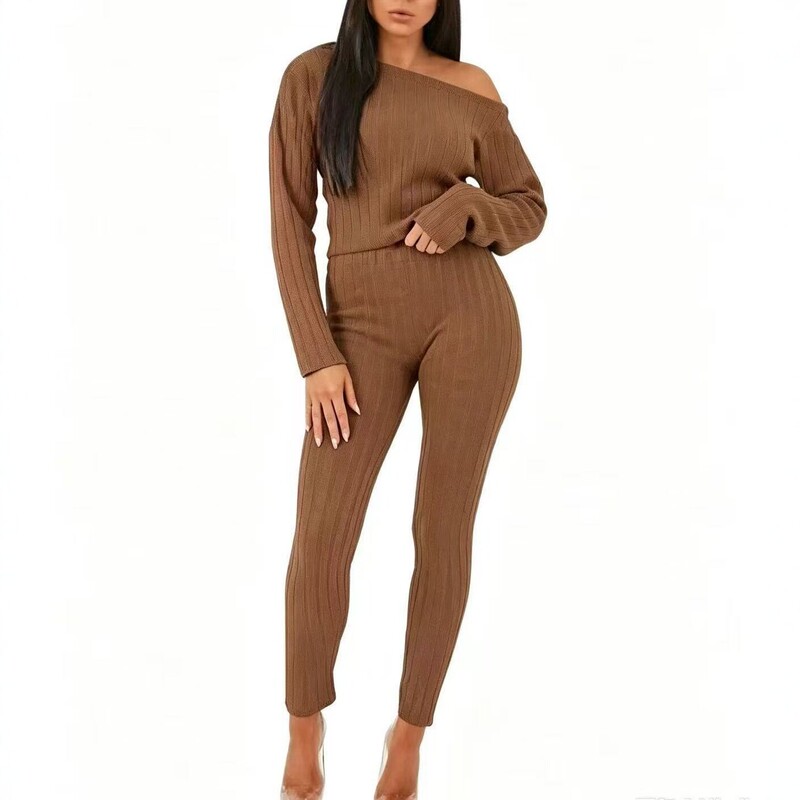 European and American cross-border women's off-shoulder knit sweater, autumn/winter 2026 new slim-fit long-sleeve top and tight pants two-piece set European and American cross-border women's off-shoulder knit sweater, autumn/winter 2026 new slim-fit long-sleeve top and tight pants two-piece set