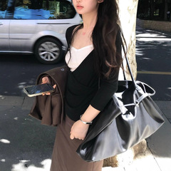 sheeplad首尔初秋 黑色V领假两件天丝t恤女早秋显瘦内搭打底上衣