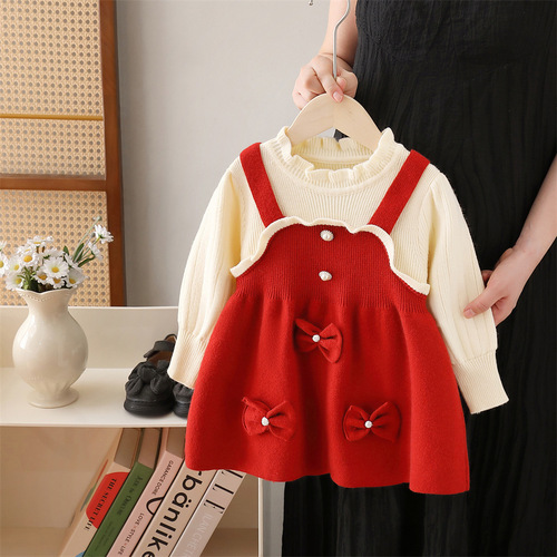 Children's sweater dress 2024 autumn winter new bow Christmas dress kids' dress