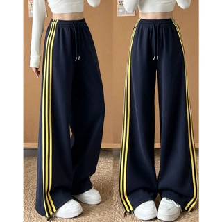 藏青色美式条纹卫裤女秋季2026新款三条杠街舞运动裤小个子阔腿裤