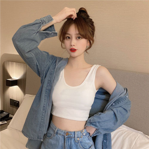 One-piece hairdressing camisole with breast pads for women, Korean style versatile short bottoming sleeveless pure lust style hot girl top for women