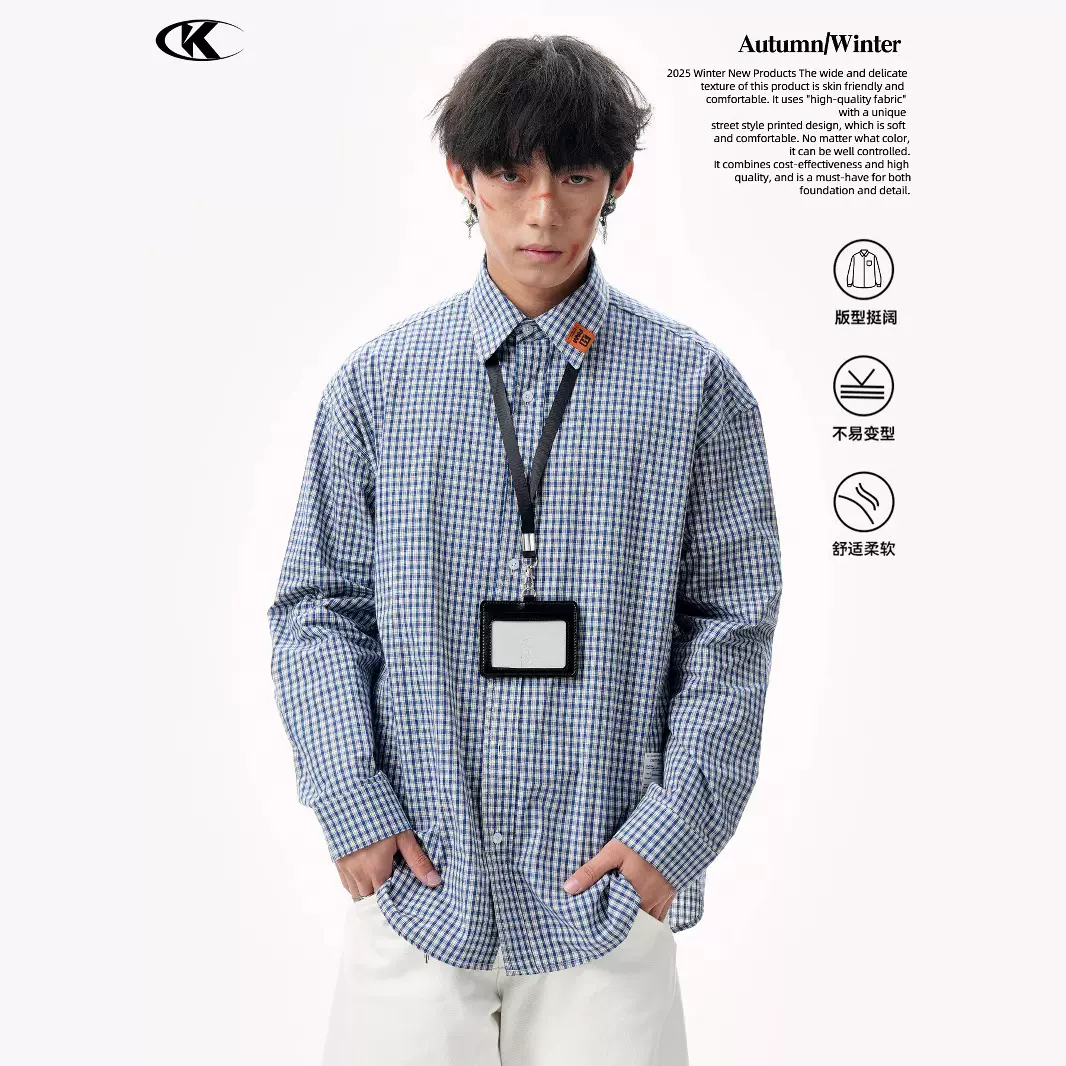 11KN美式复古潮牌蓝白格子衬衫男长袖春秋季宽松衬衣翻领宽松上衣